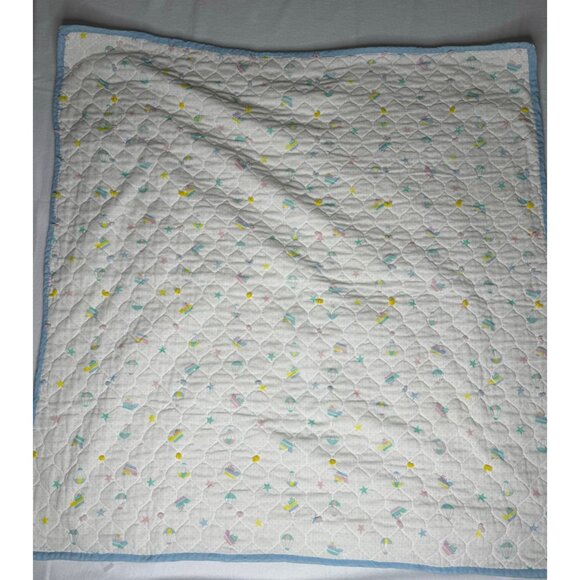 Handmade VTG Baby Blanket Blue Trim Stars and Boats Yellow Back Quilt - Picture 1 of 7